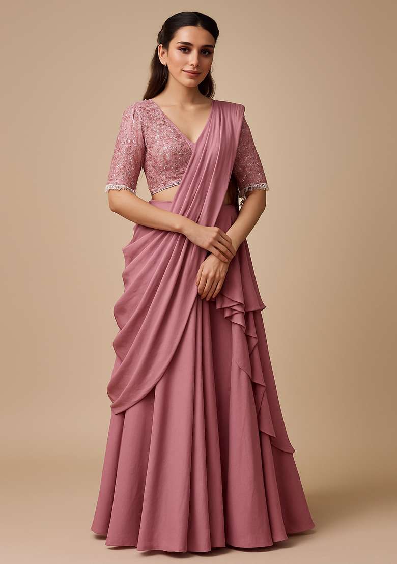 Dusty Pink Sequin Blouse Georgette Pre Draped Saree Set - Indya