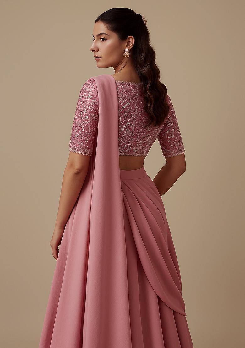 Peach Georgette Sequin Embroidered Blouse Pre Draped Saree Set - Indya