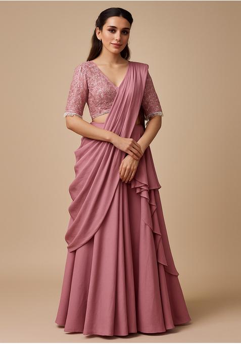 Dusty Pink Sequin Blouse Georgette Pre Draped Saree Set