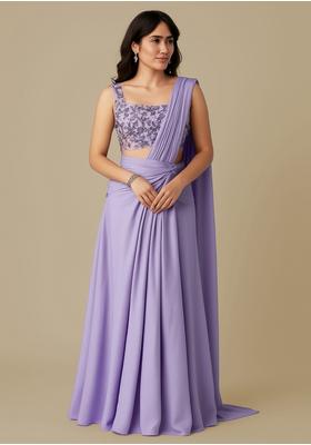 Purple Georgette Sequin Embroidered Blouse Pre Draped Saree Set
