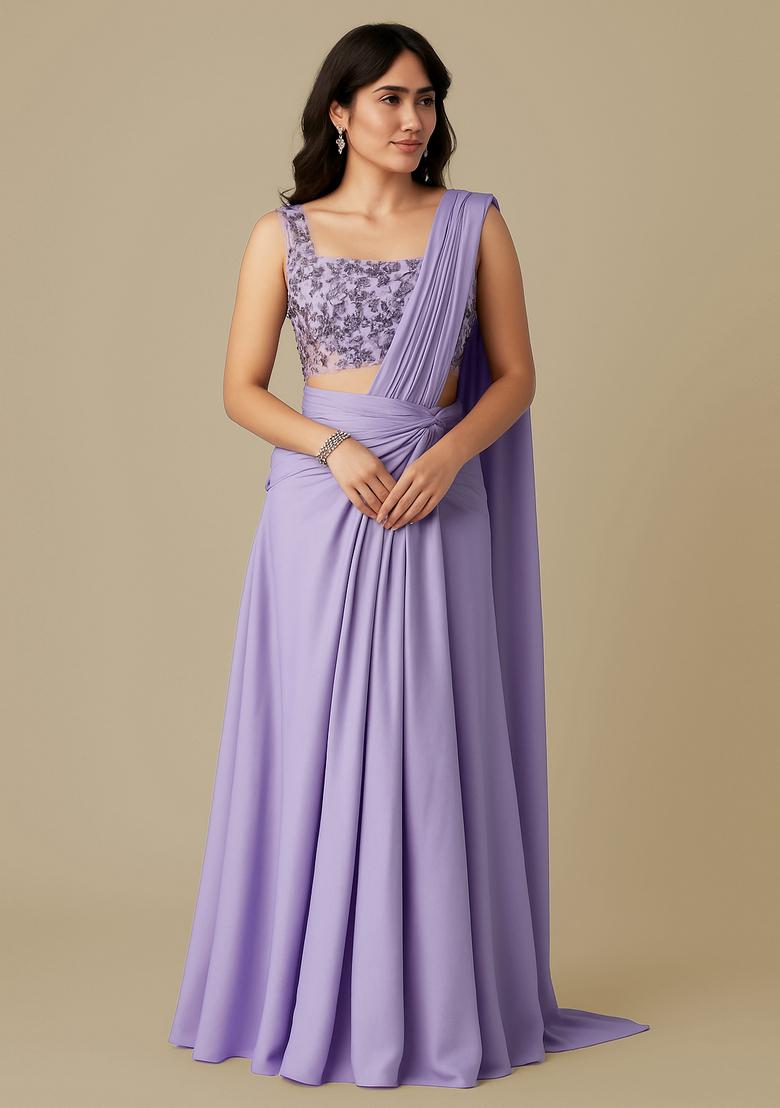 Lilac Sequin Blouse Georgette Pre Draped Saree Set