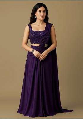 Purple Georgette Sequin Embroidered Blouse Pre Draped Saree Set
