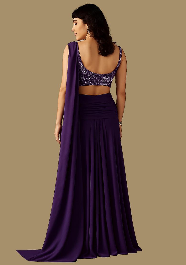 Purple Georgette Sequin Embroidered Blouse Pre Draped Saree Set - Indya