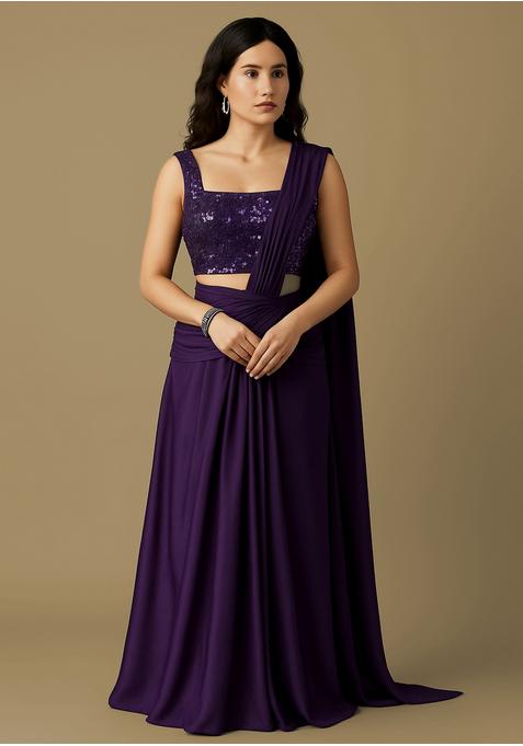 Purple Sequin Blouse Georgette Pre Draped Saree Set