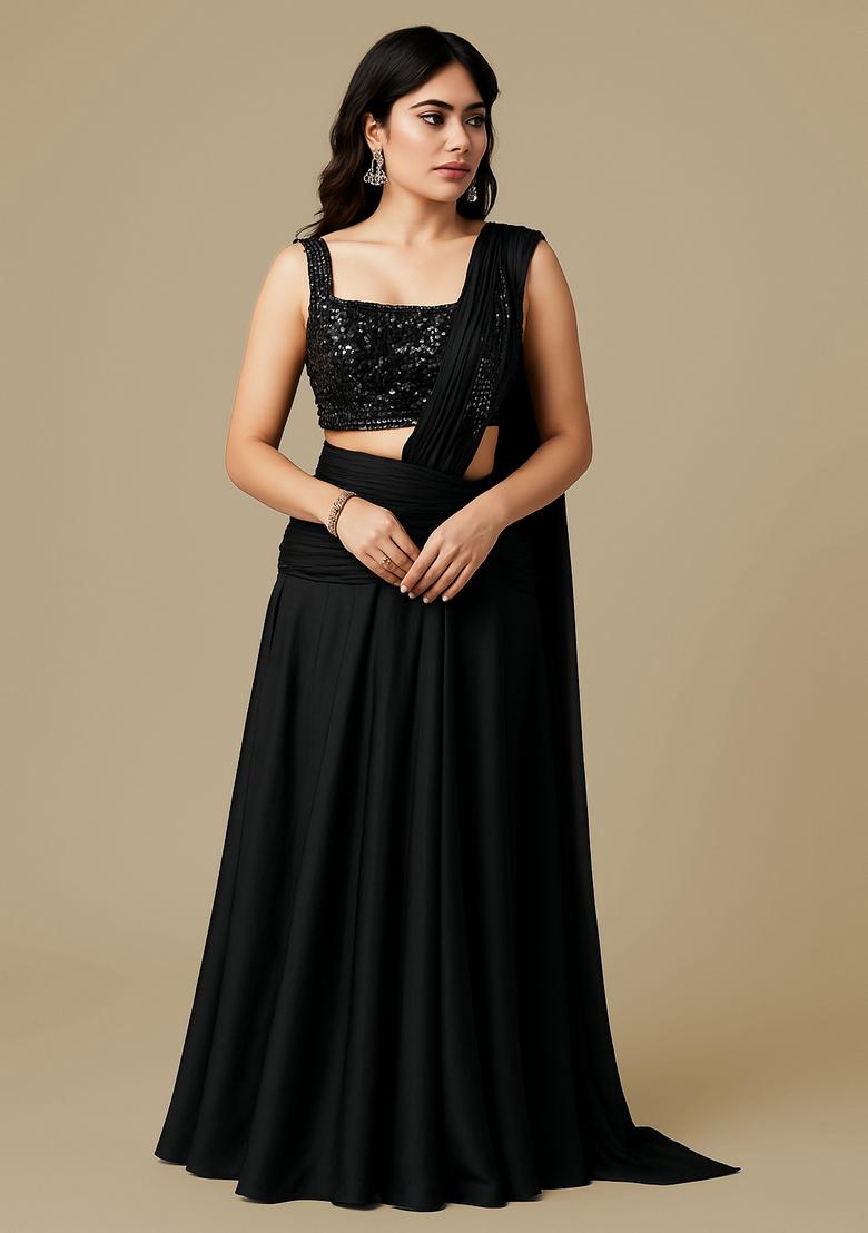 Black Sequin Blouse Georgette Pre Draped Saree Set