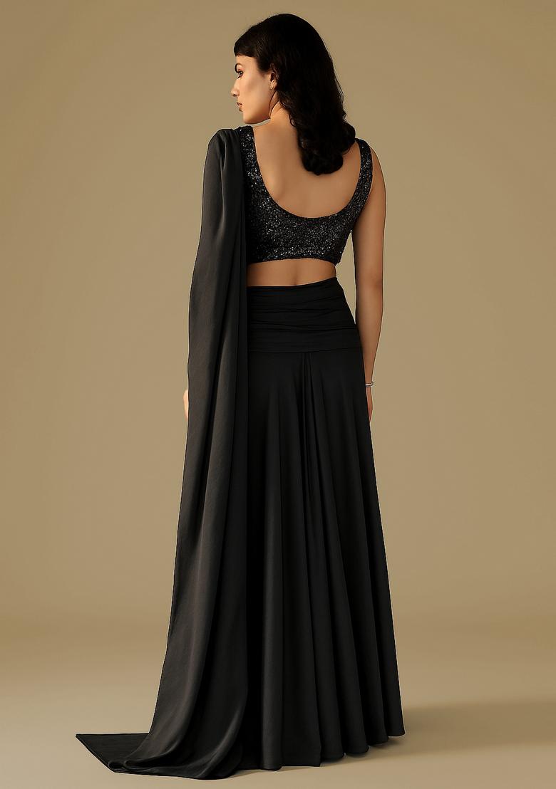 Black Sequin Blouse Georgette Pre Draped Saree Set
