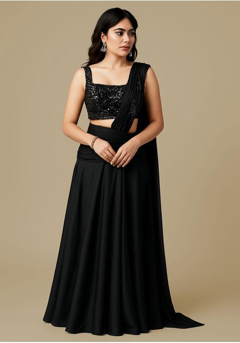 Black Sequin Blouse Georgette Pre Draped Saree Set
