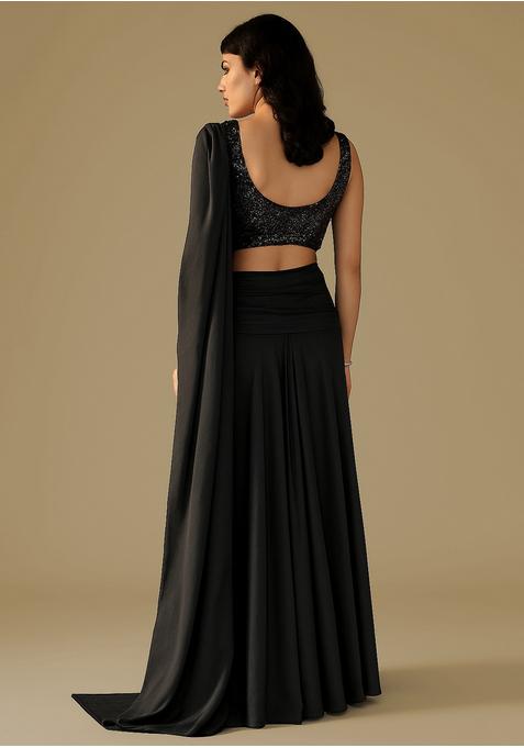 Black Sequin Blouse Georgette Pre Draped Saree Set