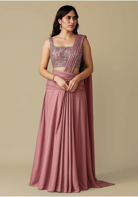 Peach Georgette Sequin Embroidered Blouse Pre Draped Saree Set