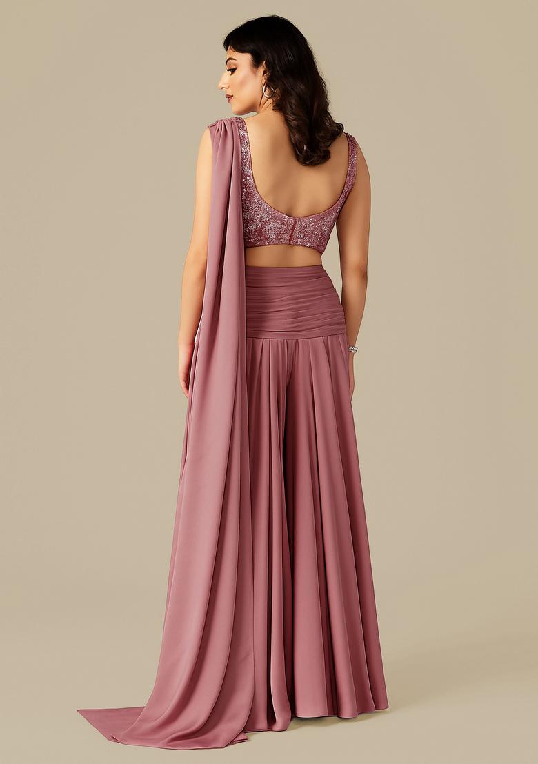 Peach Georgette Sequin Embroidered Blouse Pre Draped Saree Set - Indya