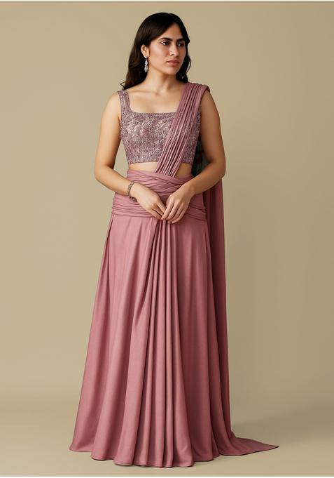 Dusty Pink Sequin Blouse Georgette Pre Draped Saree Set