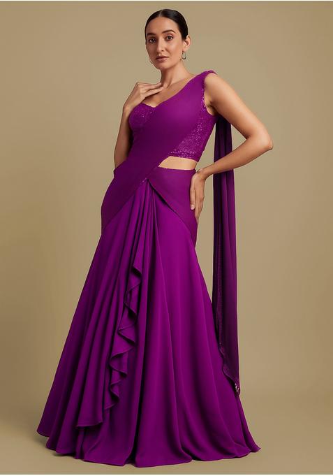 Purple Sequin Blouse Crepe Pre Draped Saree Set