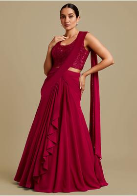 Magenta Crepe Sequin Embroidered Blouse Pre Draped Saree Set