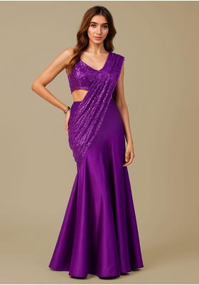 Purple Satin Sequin Embroidered Blouse Pre Draped Saree Set