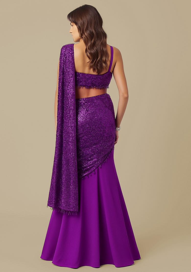 Purple Satin Sequin Embroidered Blouse Pre Draped Saree Set - Indya