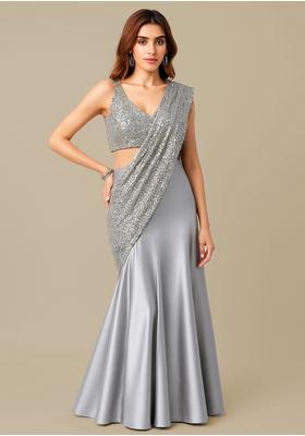 Silver Satin Sequin Embroidered Blouse Pre Draped Saree Set