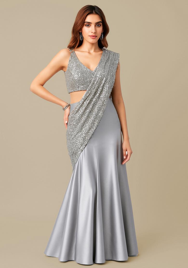 Silver Sequin Satin Pre Draped Saree Set