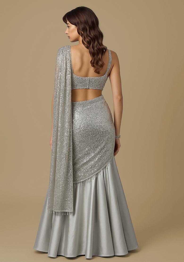 Silver Sequin Satin Pre Draped Saree Set