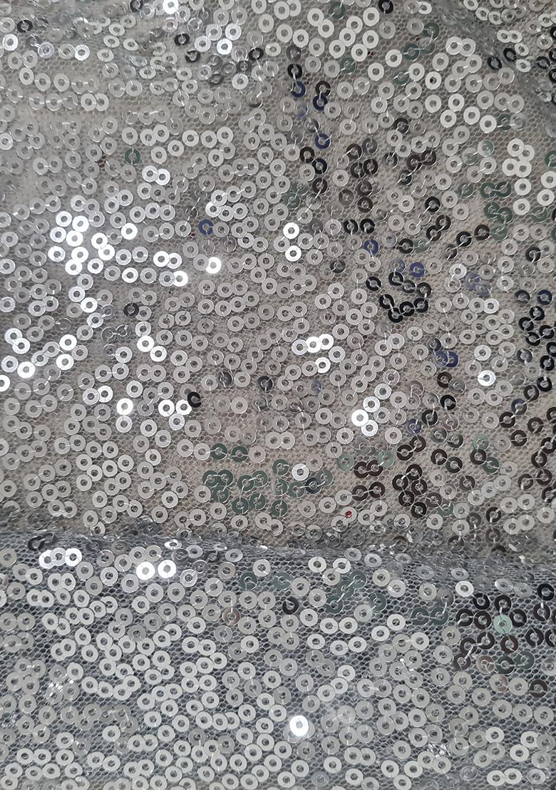 Silver Sequin Satin Pre Draped Saree Set