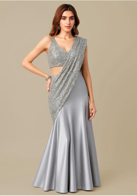 Silver Sequin Satin Pre Draped Saree Set