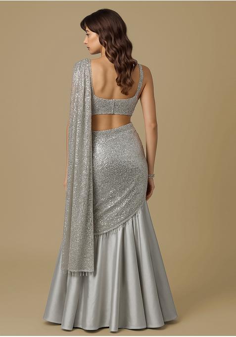 Silver Sequin Satin Pre Draped Saree Set