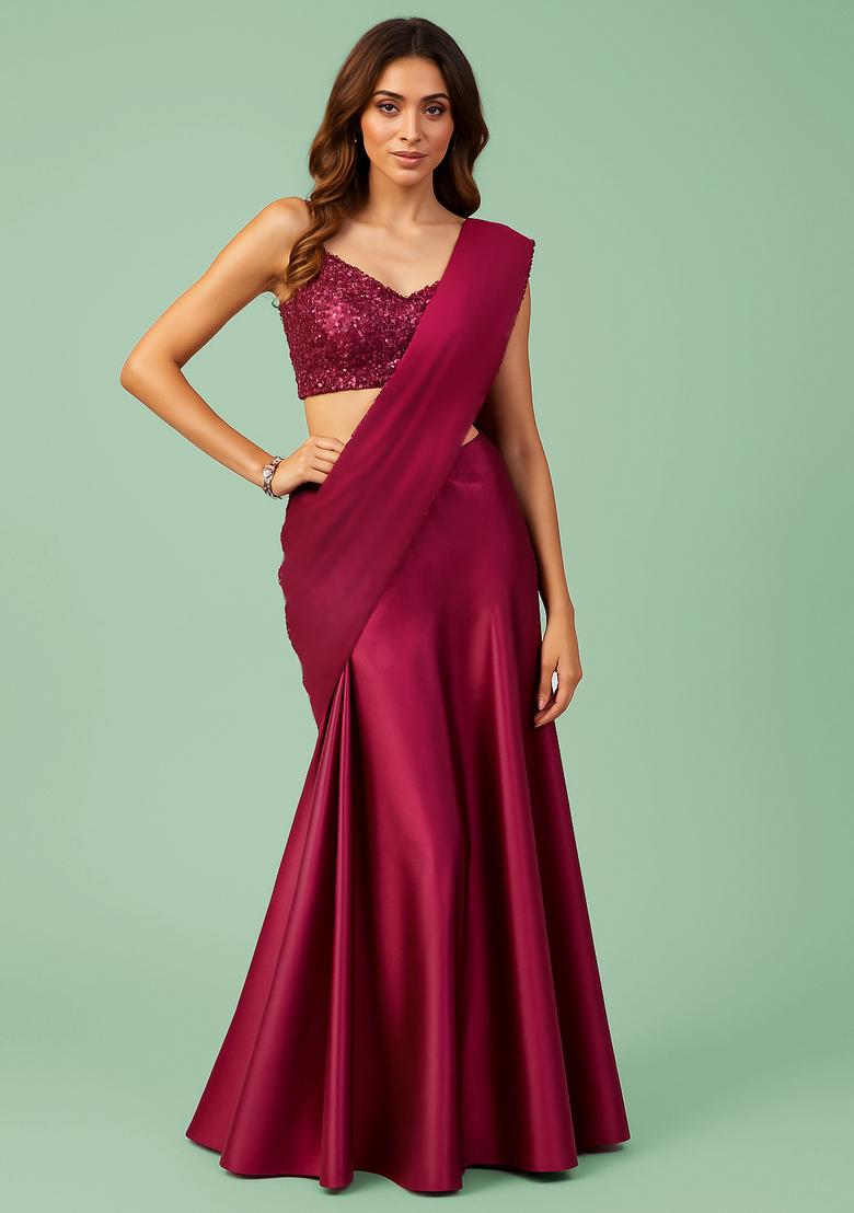 Magenta Sequin Blouse Satin Pre Draped Saree Set