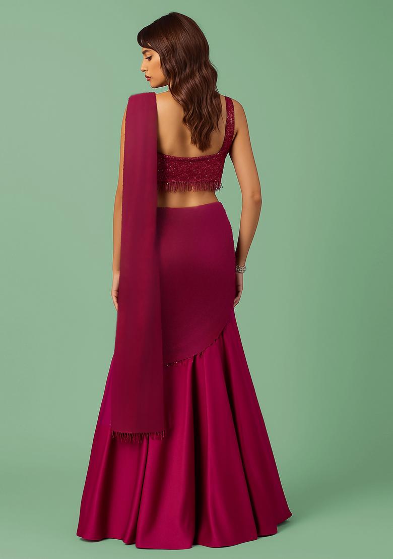 Magenta Sequin Blouse Satin Pre Draped Saree Set