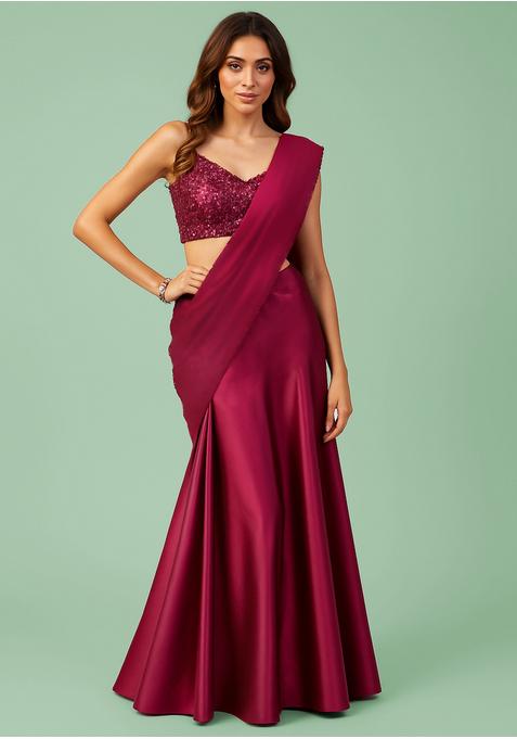 Magenta Sequin Blouse Satin Pre Draped Saree Set
