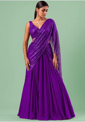 Purple Chiffon Sequin Embroidered Blouse Pre Draped Saree Set