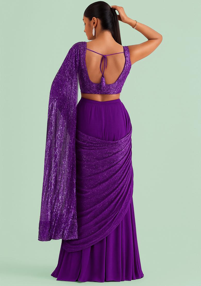 Purple Sequin Blouse Chiffon Pre Draped Saree Set