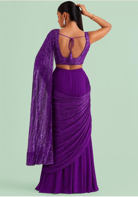 Purple Sequin Blouse Chiffon Pre Draped Saree Set