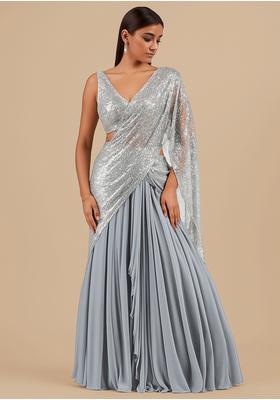 Silver Chiffon Sequin Embroidered Blouse Pre Draped Saree Set