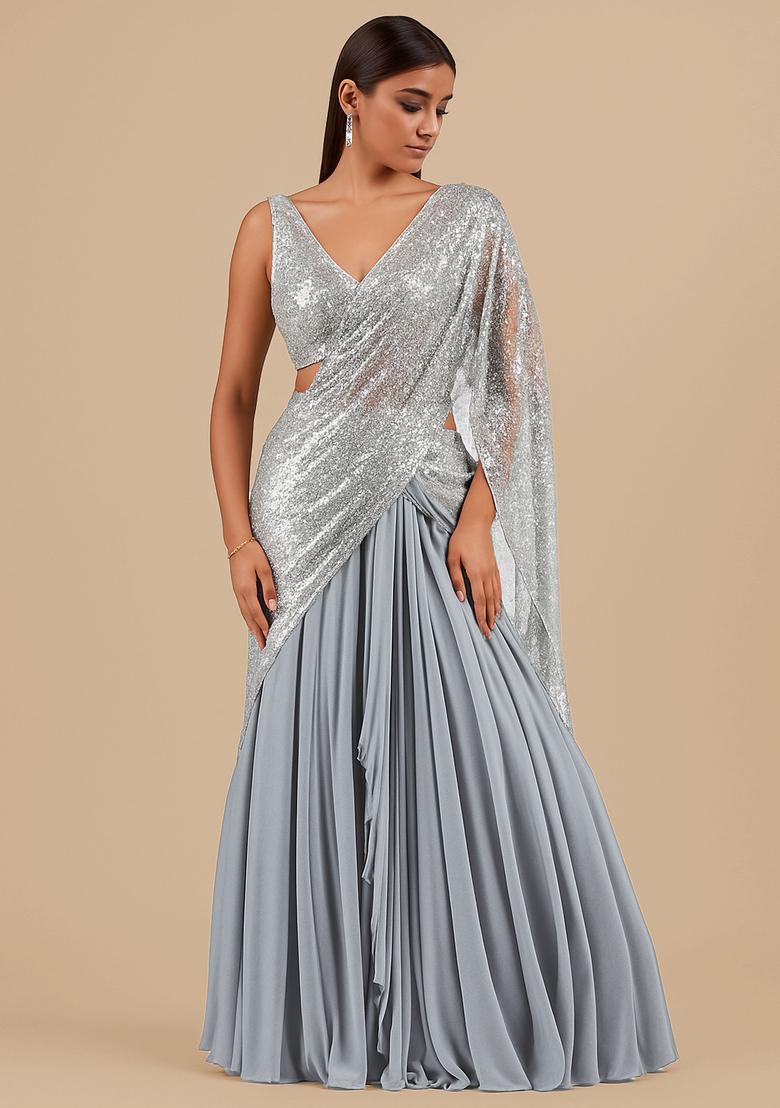 Silver Sequin Blouse Chiffon Pre Draped Saree Set
