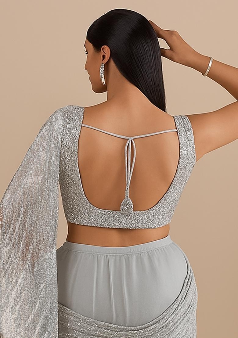 Silver Sequin Blouse Chiffon Pre Draped Saree Set