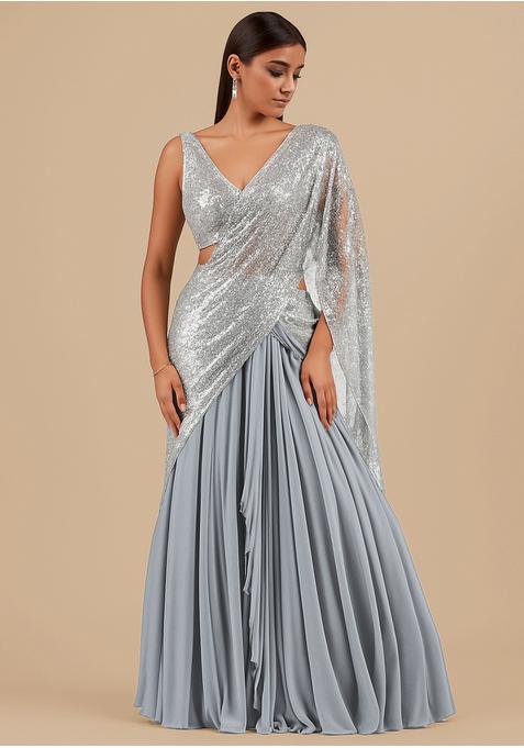 Silver Sequin Blouse Chiffon Pre Draped Saree Set