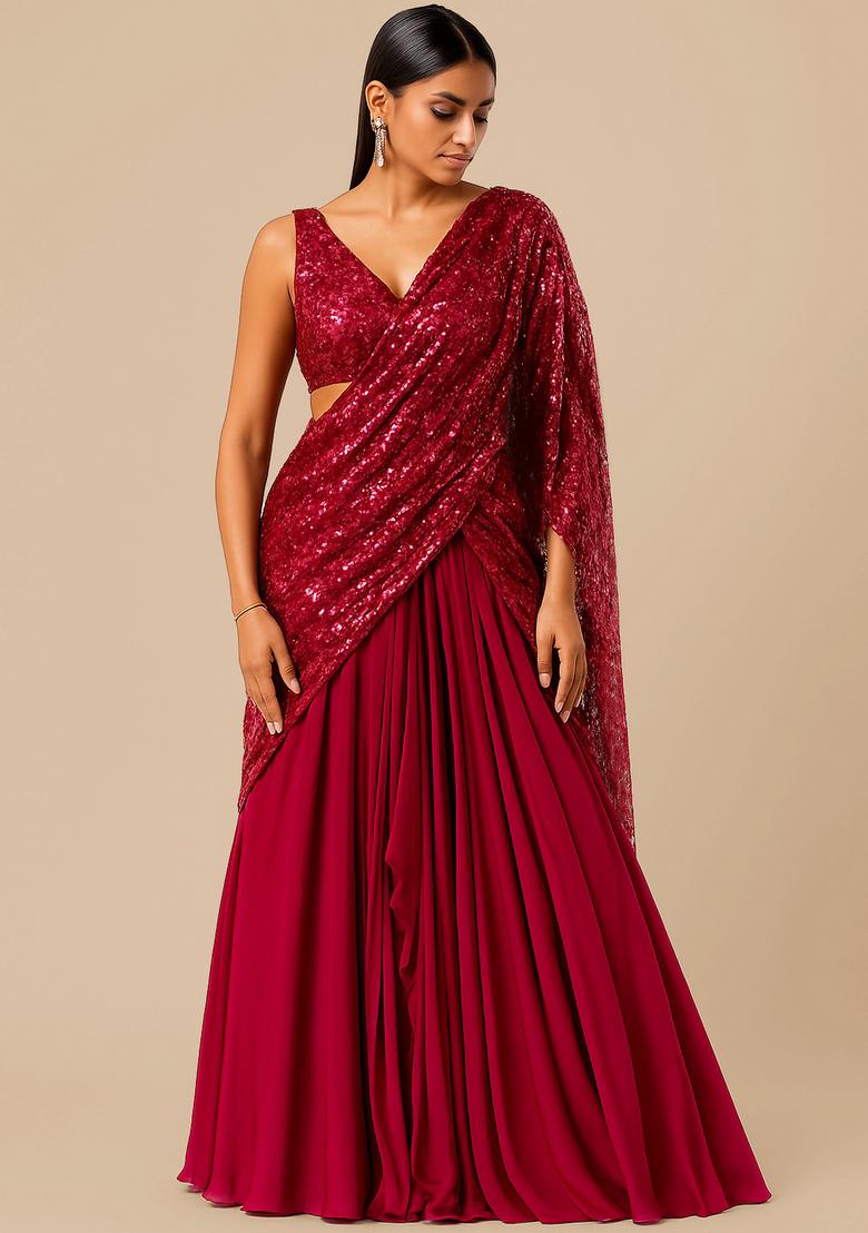 Magenta Pink Sequin Blouse Chiffon Pre Draped Saree Set