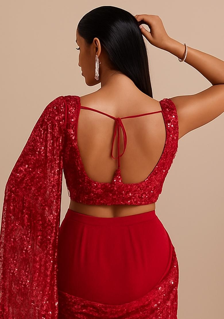 Magenta Pink Sequin Blouse Chiffon Pre Draped Saree Set