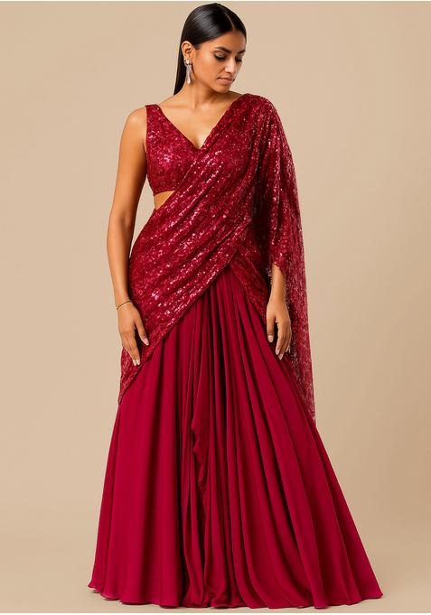 Magenta Pink Sequin Blouse Chiffon Pre Draped Saree Set