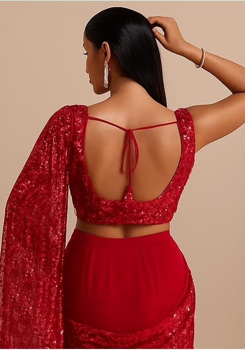 Magenta Pink Sequin Blouse Chiffon Pre Draped Saree Set