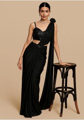 Black Crepe Sequin Embroidered Blouse Pre Draped Saree Set