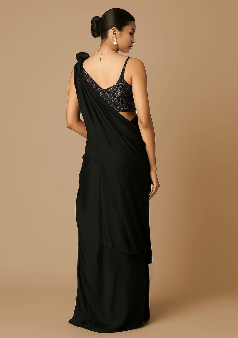 Black Crepe Sequin Embroidered Blouse Pre Draped Saree Set - Indya