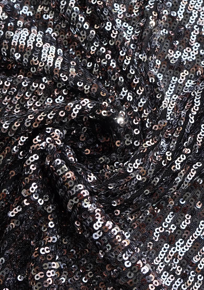 Black Sequin Blouse Crepe Pre Draped Saree Set