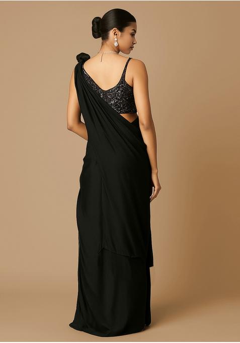 Black Sequin Blouse Crepe Pre Draped Saree Set