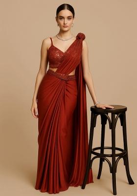 Red Crepe Sequin Embroidered Blouse Pre Draped Saree Set