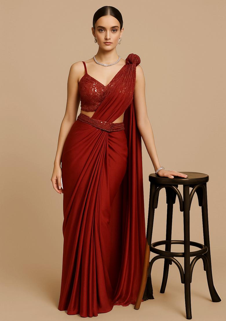 Red Sequin Blouse Crepe Pre Draped Saree Set