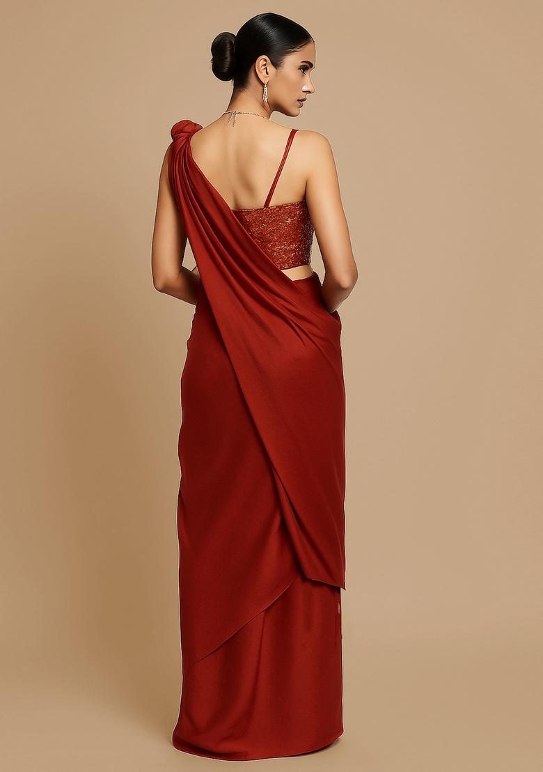 Red Sequin Blouse Crepe Pre Draped Saree Set