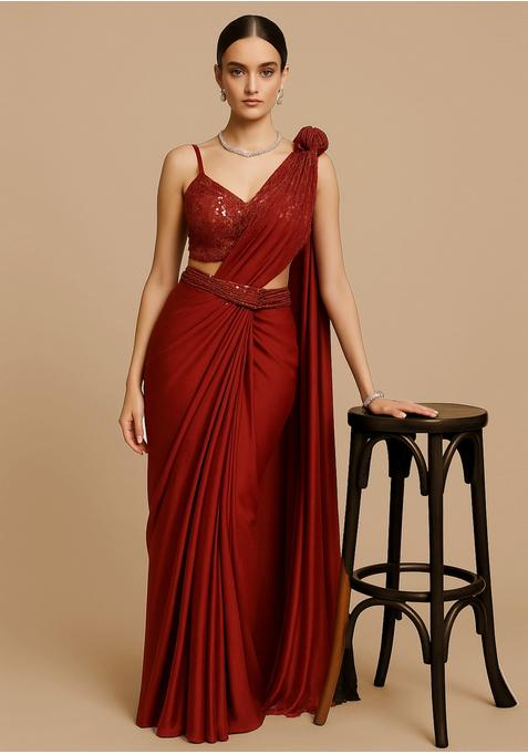 Red Sequin Blouse Crepe Pre Draped Saree Set