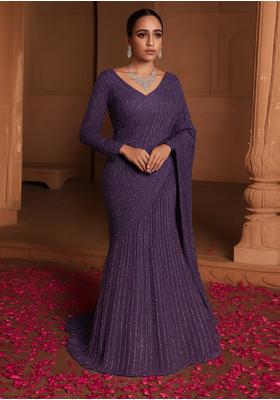Deep Purple Embroidered Net Pre Draped Saree Set