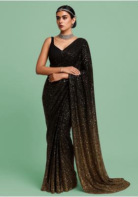 Jet Black Embroidered Net Pre Draped Saree Set