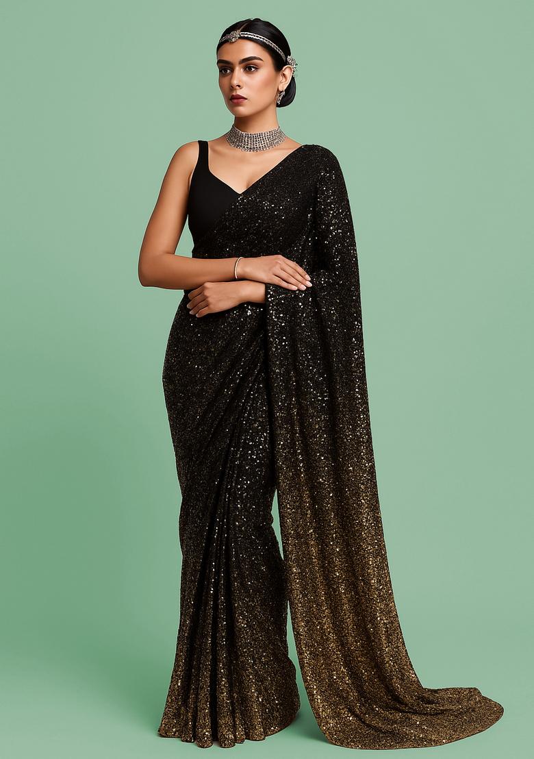 Black Sequin Net Pre Draped Saree Set